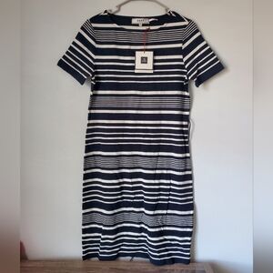 Sade New York Chenin Navy Knit Striped Belted Short Sleeve Midi Dress NWT